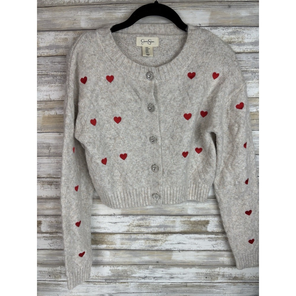 Jessica Simpson Heart Cardigan Sweater Women's Cream Button Front Cozy XS